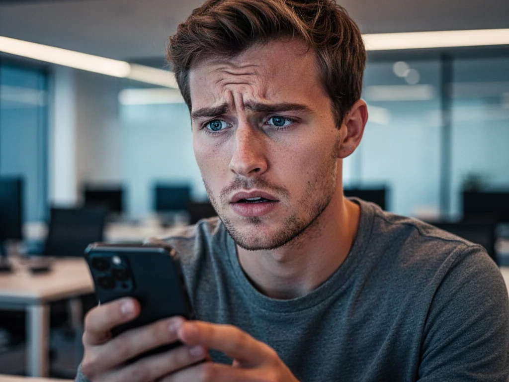 Młody mężczyzna patrzący na ekran smartfona z wyrazem dezorientacji, ilustrujący niezrozumienie treści w internecie.