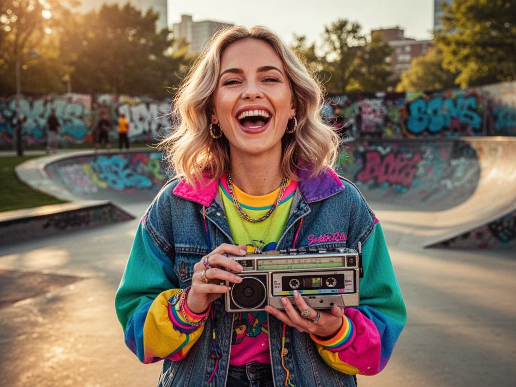 Uśmiechnięta kobieta w stylu lat 90. z magnetofonem kasetowym na tle miejskiego skateparku w słoneczny dzień.