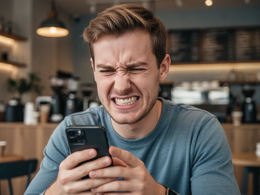 Młody mężczyzna z grymasem zażenowania patrzy na swój smartfon w kawiarni, obrazując uczucie cringe'u.