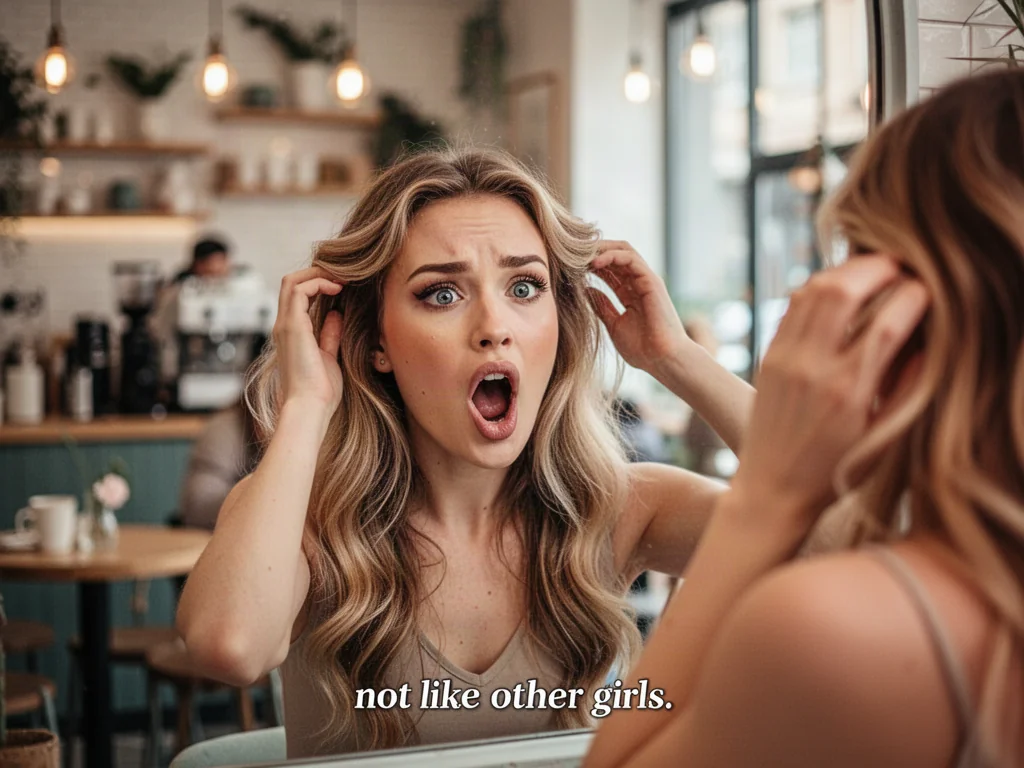 Młoda kobieta przeglądająca się w lustrze w kawiarni, prezentująca postawę typową dla zjawiska „pick me girl”.