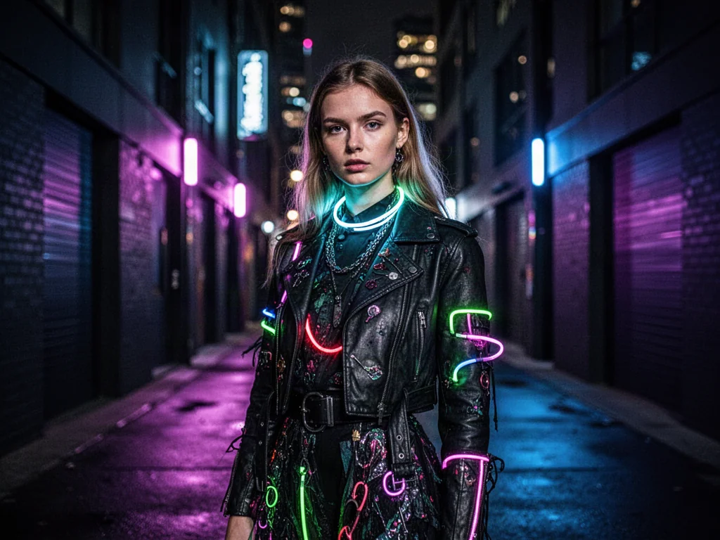 Młoda kobieta w awangardowej stylizacji z neonowymi dodatkami w klimatycznej, nocnej scenerii miejskiej.