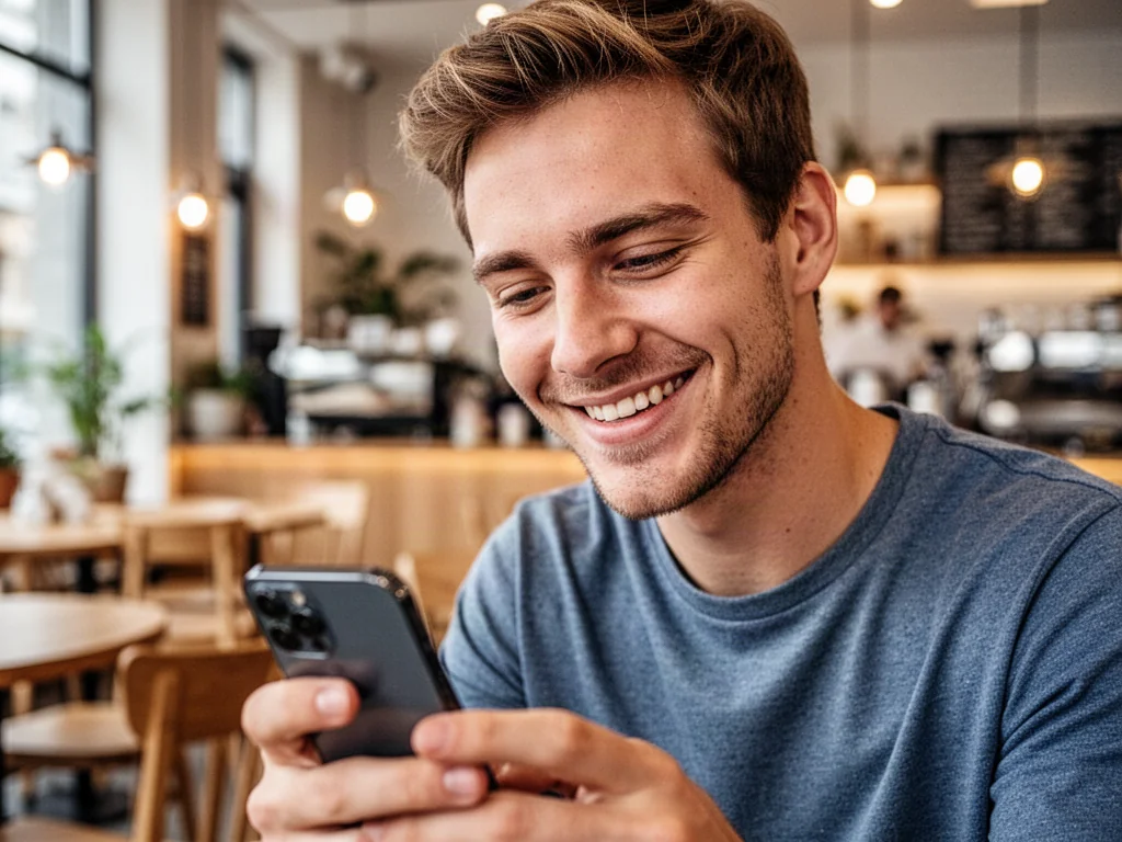 Uśmiechnięty młody mężczyzna przegląda telefon w nowoczesnej kawiarni, co ilustruje swobodną komunikację w sieci.