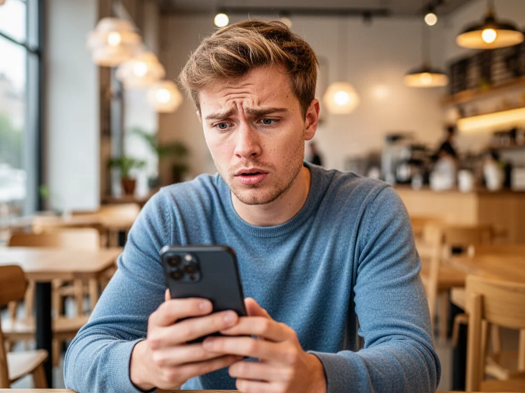 Zdezorientowany młody mężczyzna patrzący na ekran smartfona w kawiarni, próbujący zrozumieć treść wiadomości.