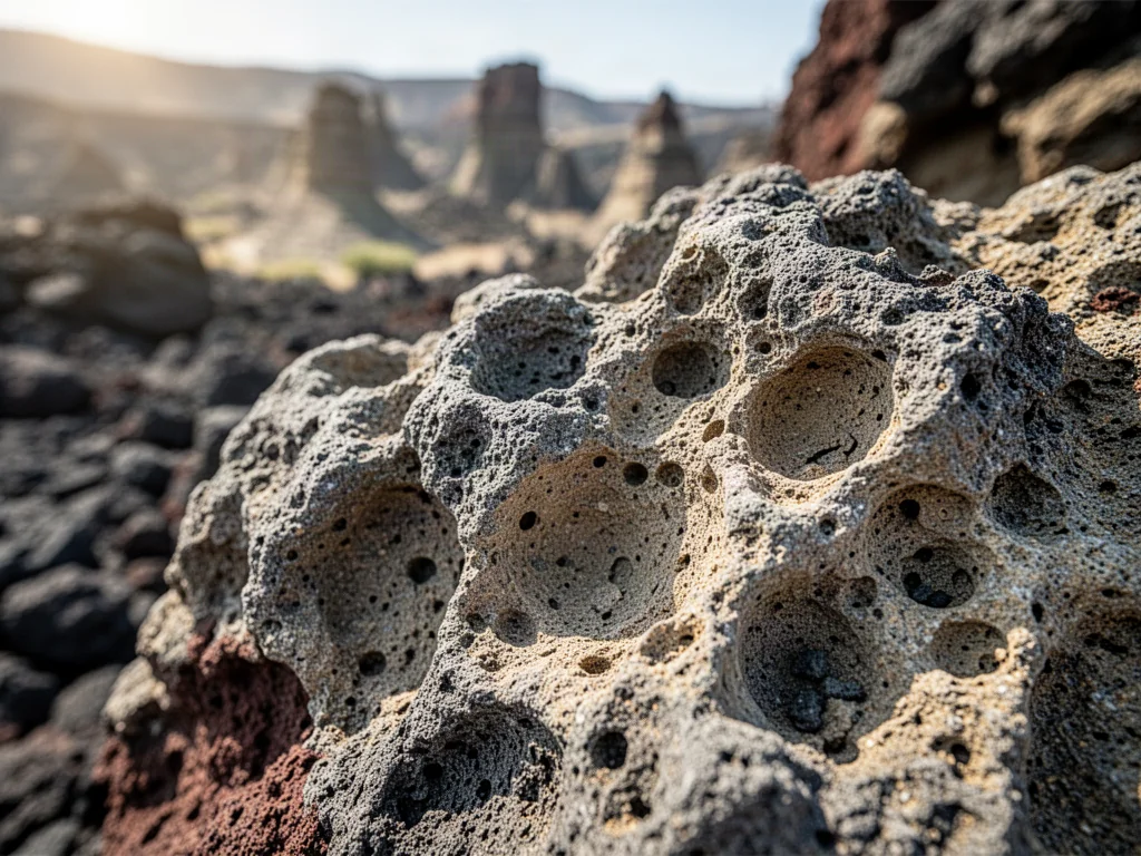 Zbliżenie na porowatą strukturę skały wulkanicznej o szaro-beżowych odcieniach na tle formacji geologicznych.