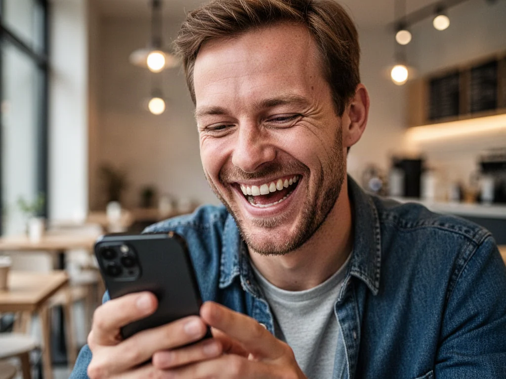 Mężczyzna śmiejący się szczerze podczas przeglądania telefonu w kawiarni, ilustrujący użycie skrótu „lol”.