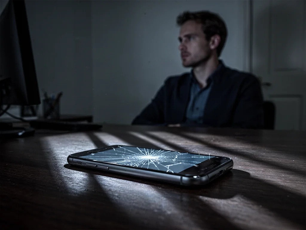 Pęknięty smartfon emitujący chłodne światło na biurku oraz zamyślony mężczyzna w tle, symbolizujący negatywne skutki hejtu.