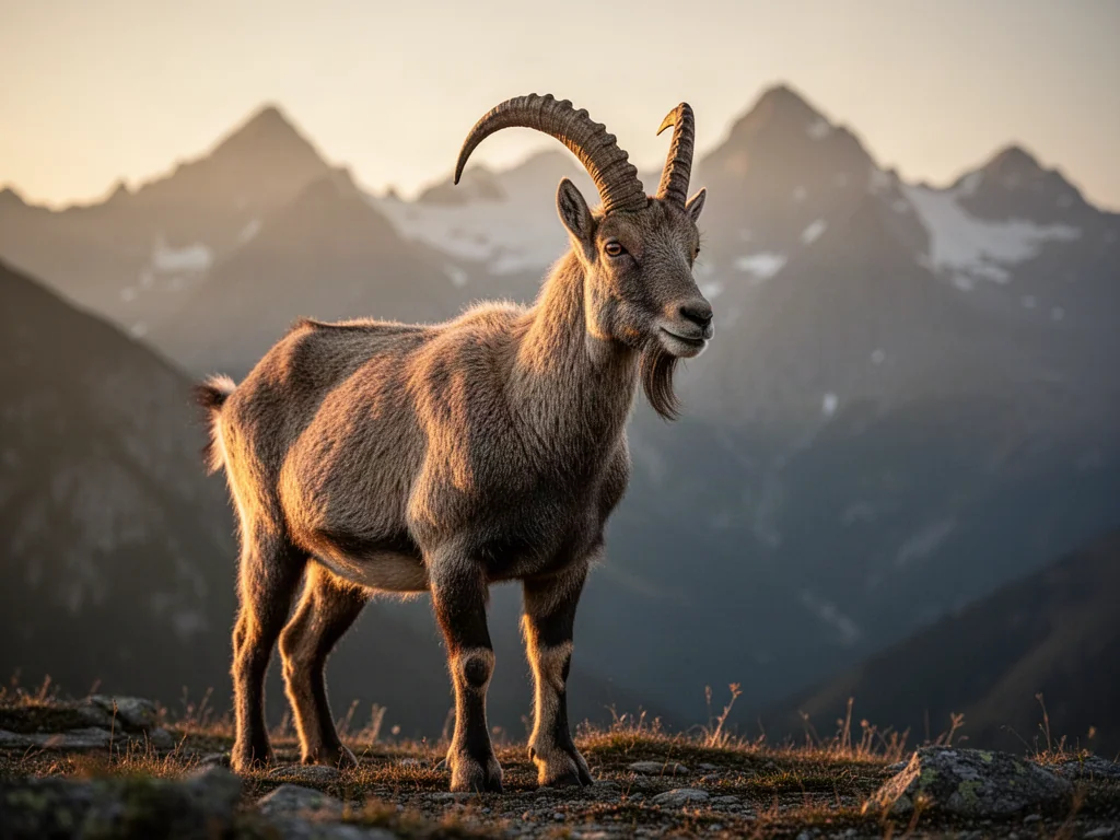 Majestatyczny koziorożec alpejski w blasku zachodzącego słońca, symbolizujący określenie GOAT.