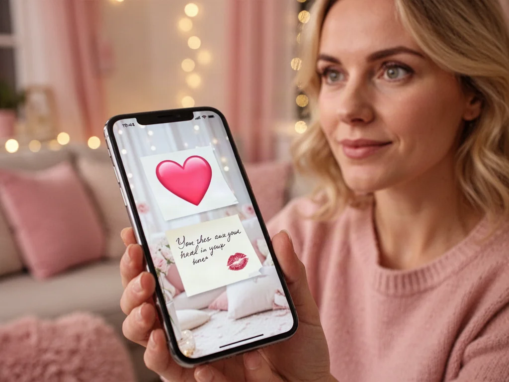Dłoń trzymająca smartfon z ikoną serca oraz liścik ze śladem szminki, symbolizujące romantyczne wyznanie w stylu xoxo.